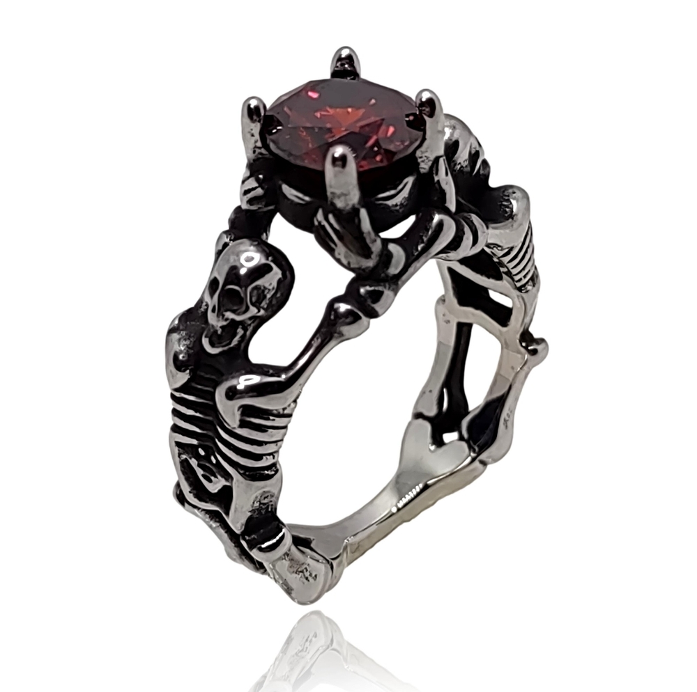 Gothic Vintage Punk Red Gem Skeleton Skull Ring